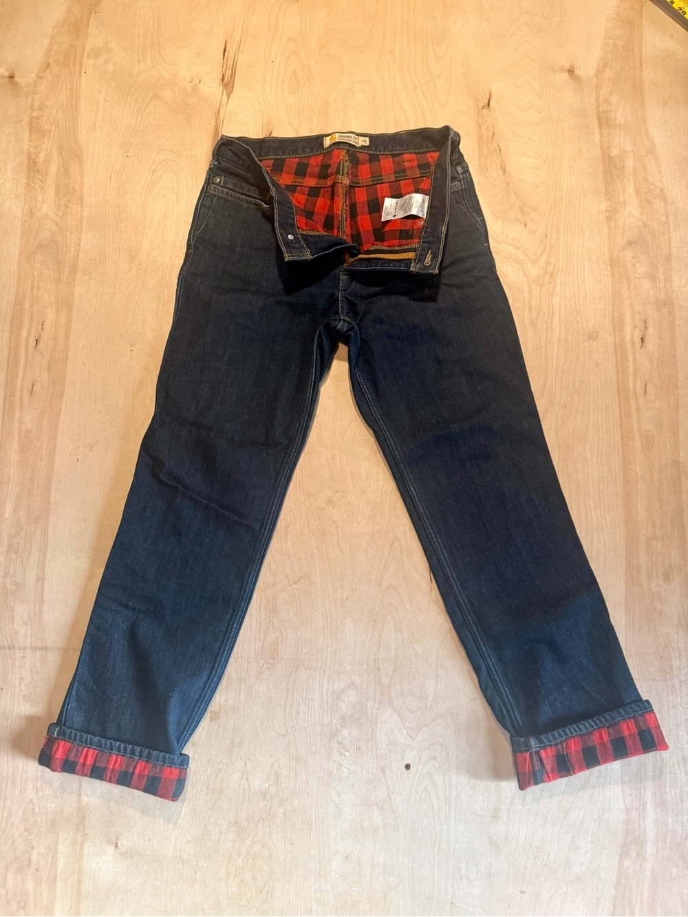 Carhartt Women's Dark Blue Jeans with Red Plaid Lining
